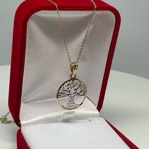 Genuine 10K Yellow Gold Two Tone Tree Of Life Pendant & Necklace